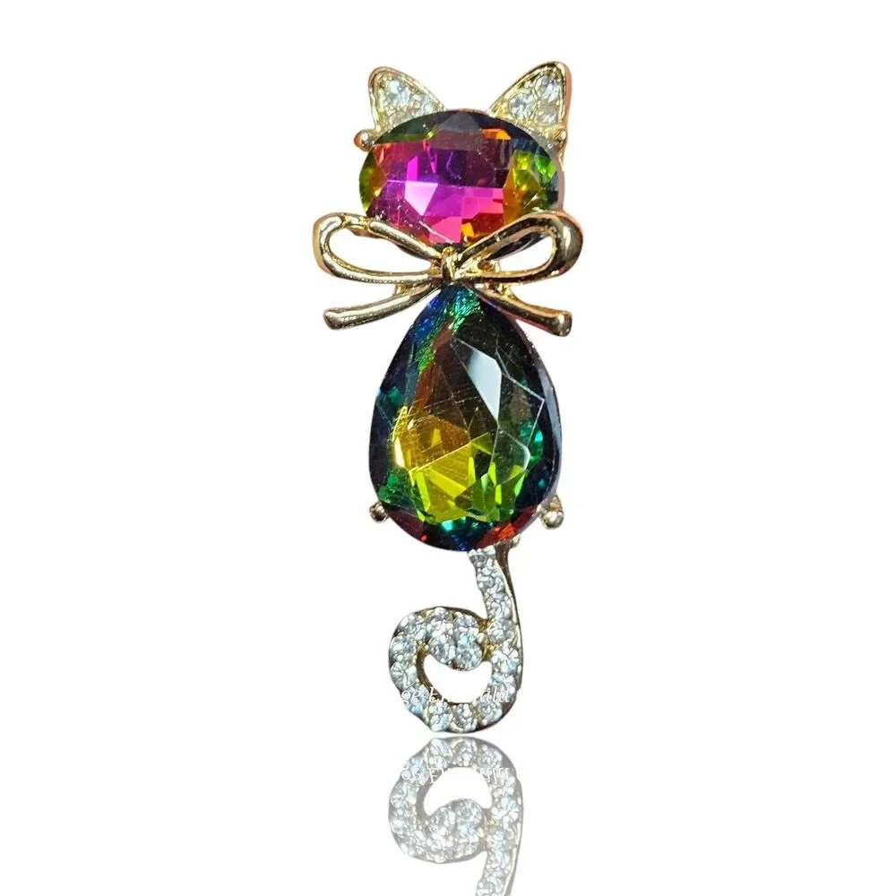 Goldtone Mr. Cat Bow Cyrstal Brooch Rhinestone Tail & Ears Iridescent Kitty Pin